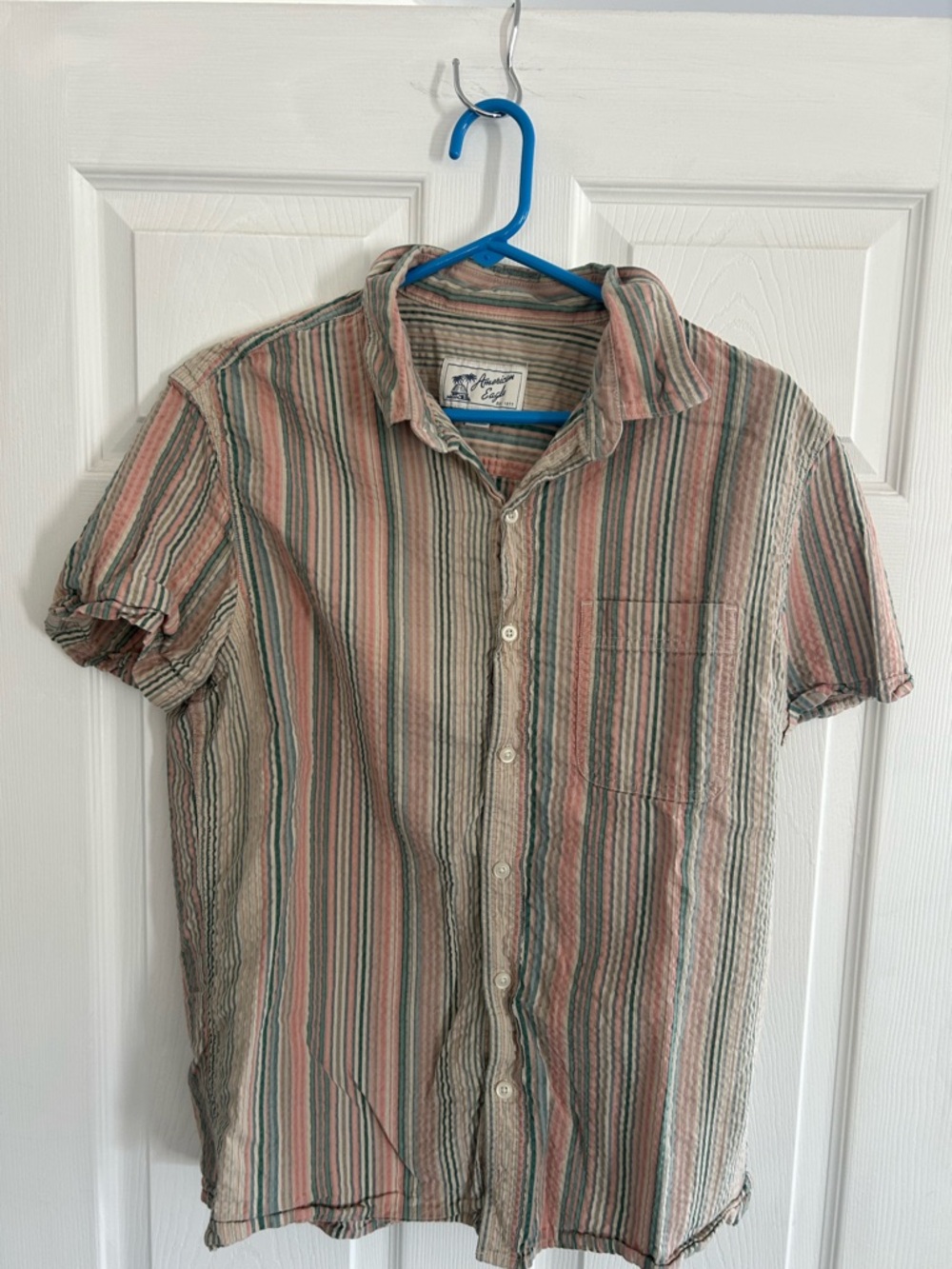American Eagle Casual Striped Short-Sleeve Shirt sz med